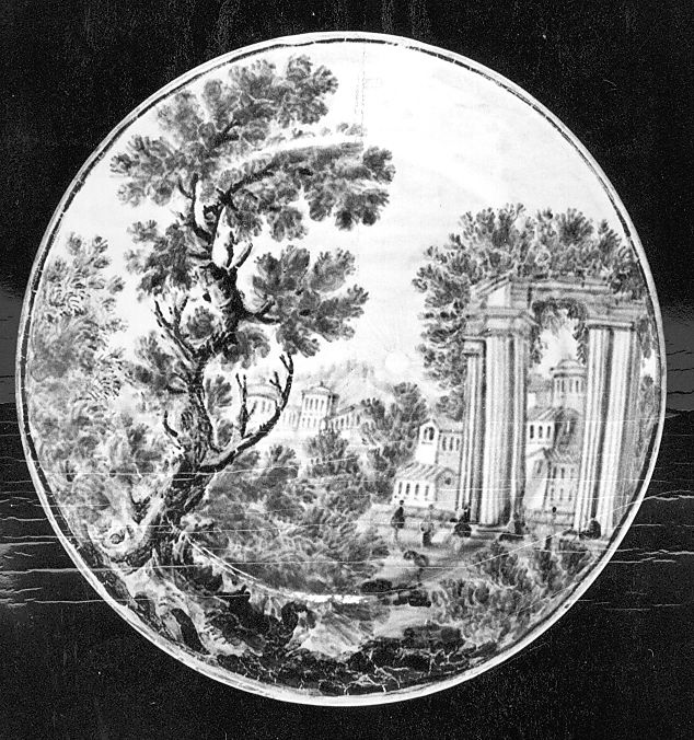 paesaggio con rovine (piattello) di Cappelletti Nicola (attribuito) (sec. XVIII)