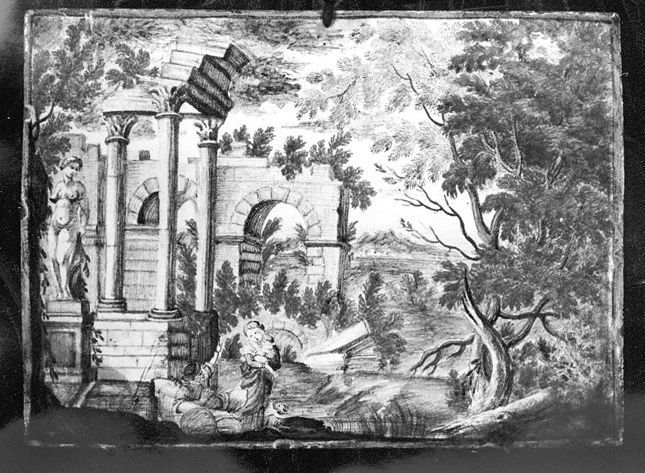 paesaggio con architetture (mattonella) - manifattura Italia centrale (fine/inizio secc. XVII/ XVIII)