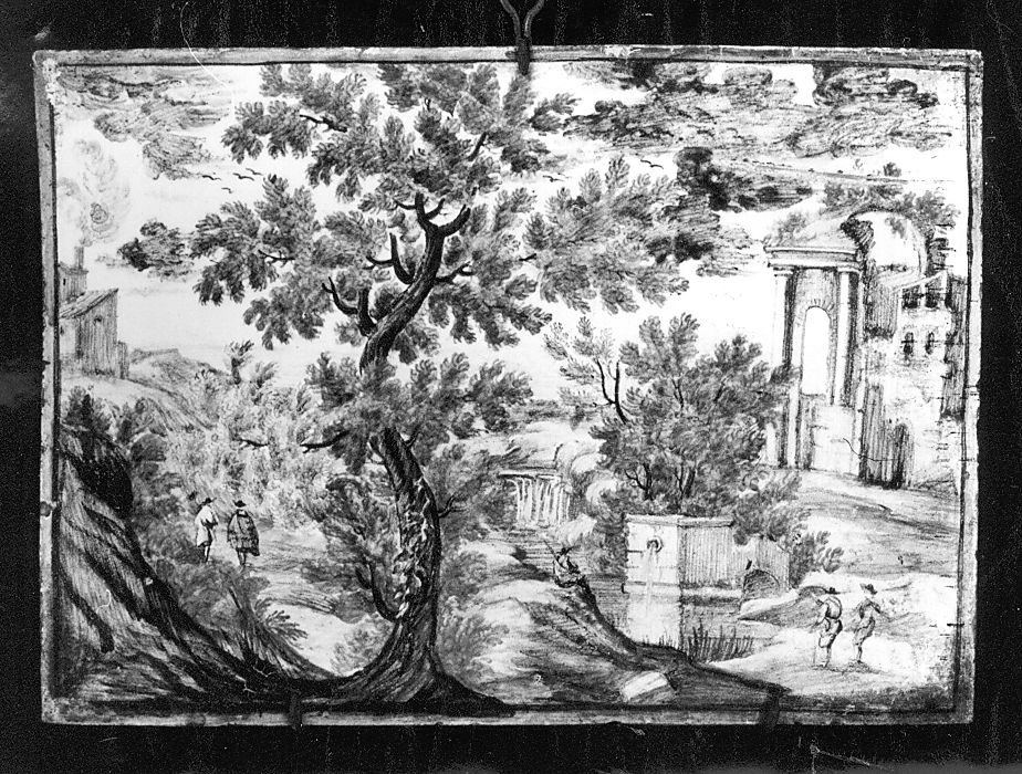 paesaggio con architetture (mattonella) - manifattura Italia centrale (fine/inizio secc. XVII/ XVIII)