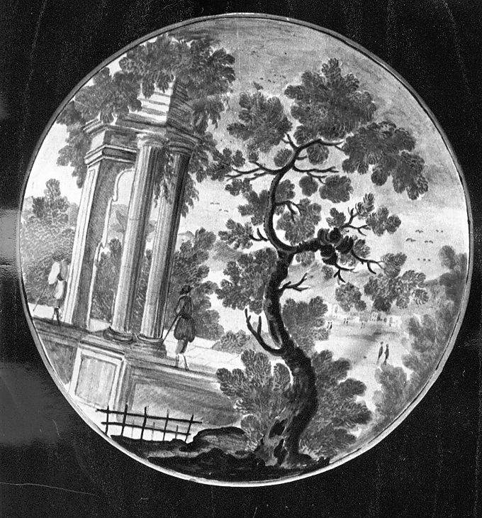 paesaggio con architetture (piattello) - manifattura Italia centrale (ultimo quarto sec. XVIII)