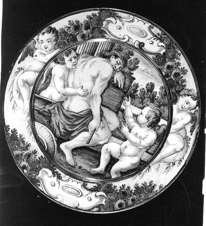 Pan dormiente con due puttini (piattino) di Grue Liborio (attribuito) (sec. XVIII)