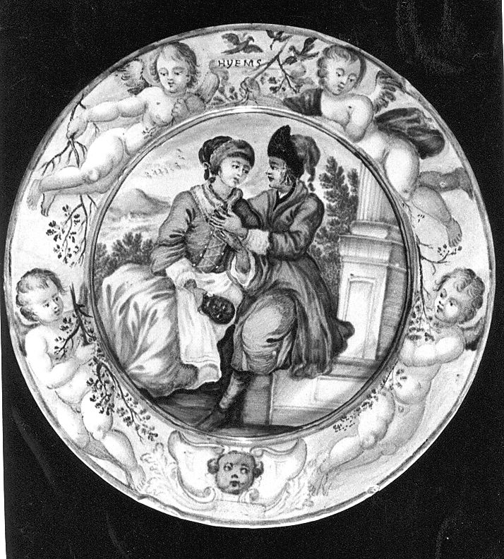 donna e cavaliere (piattello) di Grue Francesco Saverio di Giovanni (attribuito) (sec. XVIII)