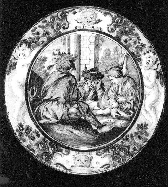 giocatori di carte (piattello) - manifattura Italia centrale (sec. XVIII)