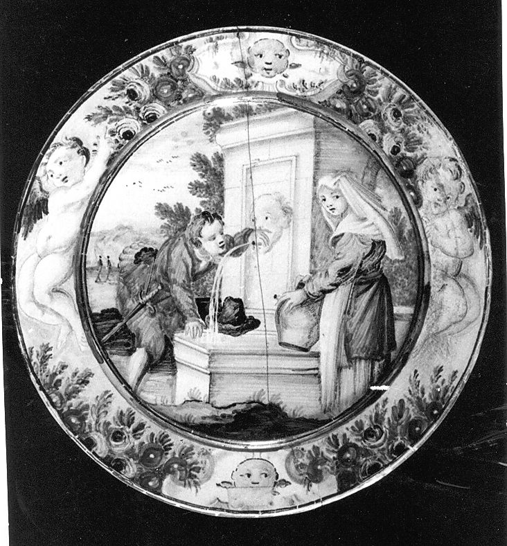 soldato che beve alla fontana e donna con brocca (piattino) - manifattura Italia centrale (sec. XVIII)