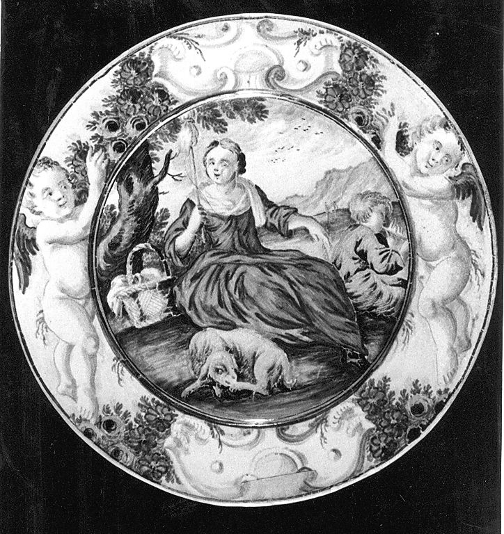 donna che fila, pastorello e cane (piattello) - manifattura Italia centrale (sec. XVIII)