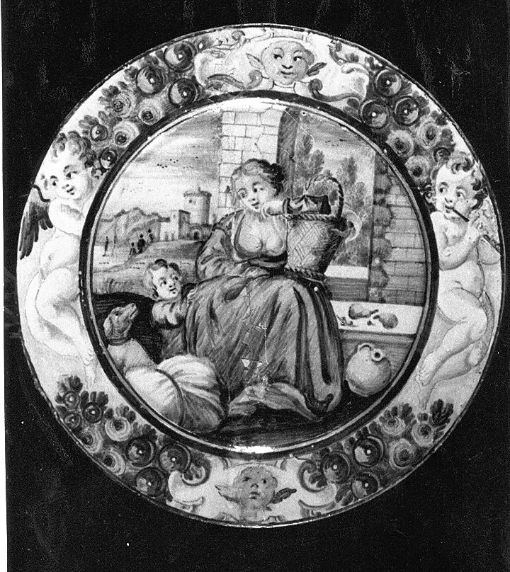 donna con cesta, bambino e cane (piattino) - manifattura Italia centrale (sec. XVIII)