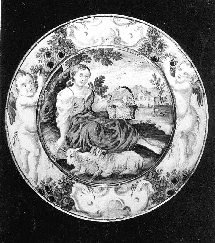 donna seduta con cesto e due pecore (piattello) - manifattura Italia centrale (sec. XVIII)