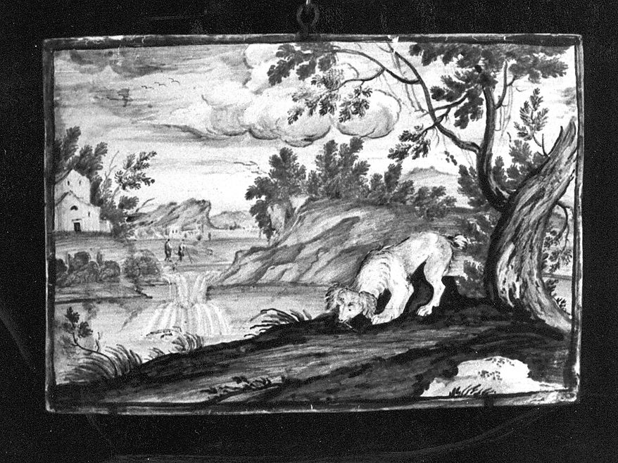 scena di caccia (mattonella) - manifattura Italia centrale (sec. XVIII)