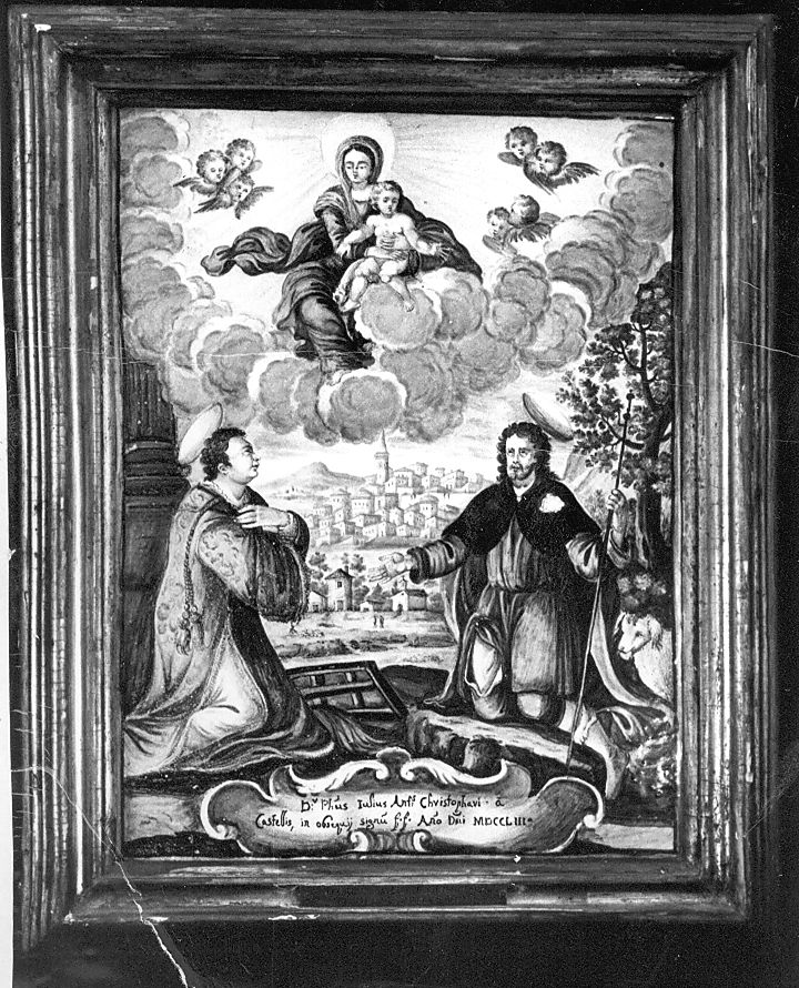 Madonna con San Lorenzo e San Rocco (mattonella) di Grue Francesco Saverio di Giovanni (attribuito) (sec. XVIII)