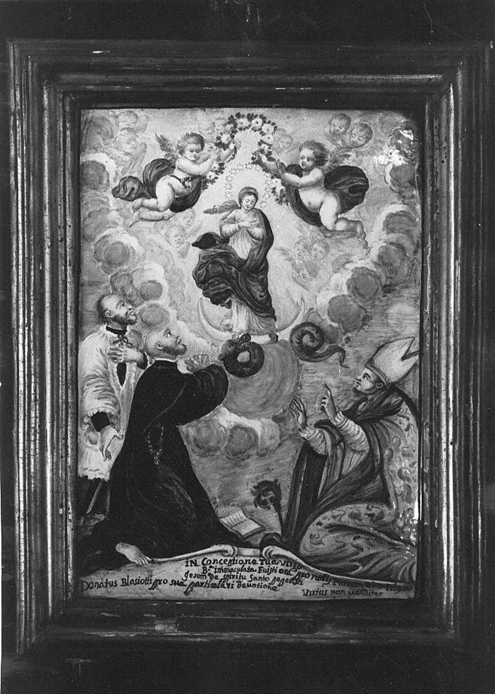 Immacolata Concezione con S. Emidio, S. Francesco e S. Ignazio (mattonella) di Grue Francesco Saverio di Giovanni (attribuito) (sec. XVIII)