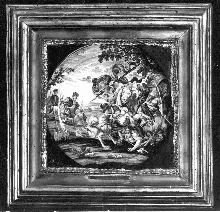 scontro di due cavalieri (piatto) di Grue Francesco Saverio di Giovanni (attribuito) (sec. XVIII)