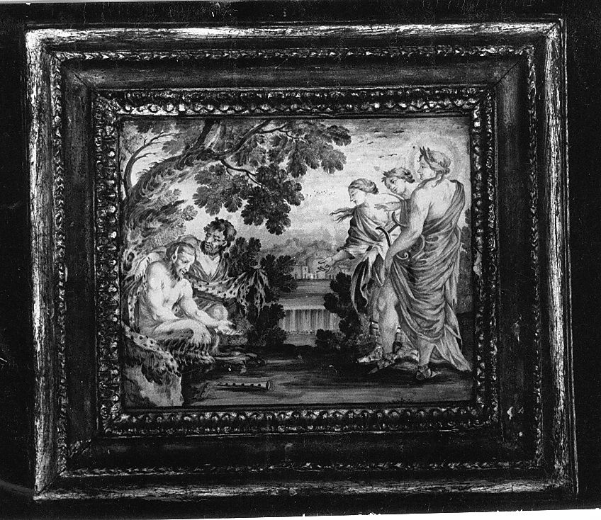 Pan sfida Apollo (mattonella) di Gentili Berardino il Giovane (bottega) (sec. XVIII)