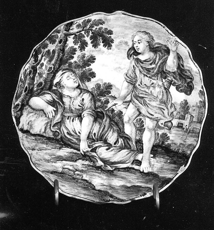 donna dormiente ed arciere (piattello) di Gentili Berardino il Giovane (scuola) (sec. XVIII)