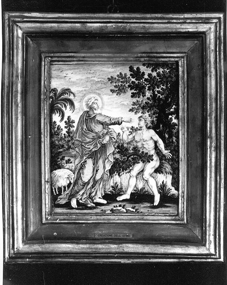 creazione di Adamo (mattonella, elemento d'insieme) di Gentili Berardino il Giovane (attribuito) (sec. XVIII)