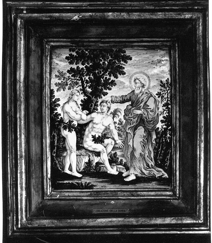 creazione di Eva (mattonella, elemento d'insieme) di Gentili Berardino il Giovane (attribuito) (sec. XVIII)