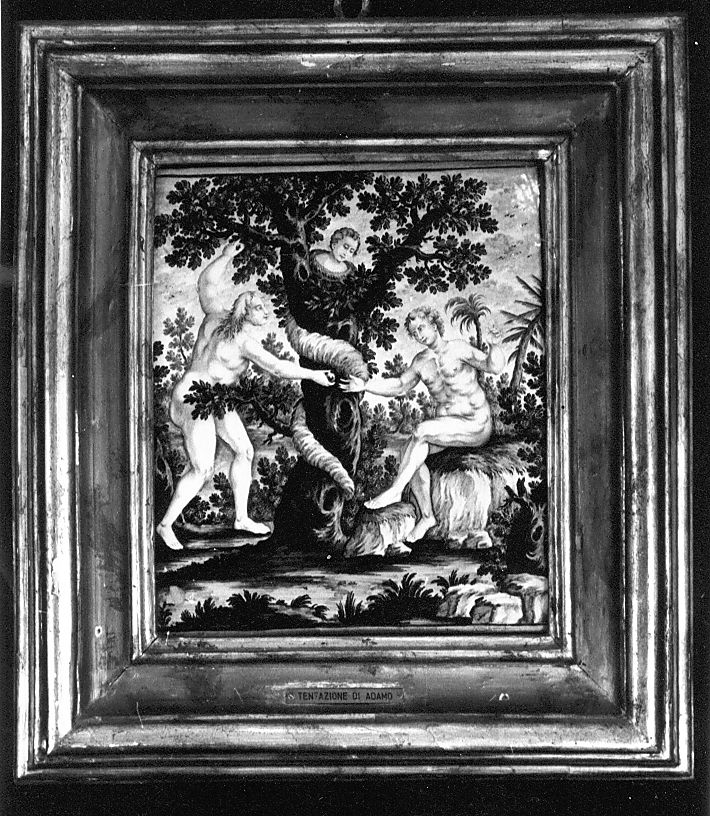 tentazione e caduta di Adamo e Eva (mattonella) di Gentili Berardino il Giovane (attribuito) (sec. XVIII)