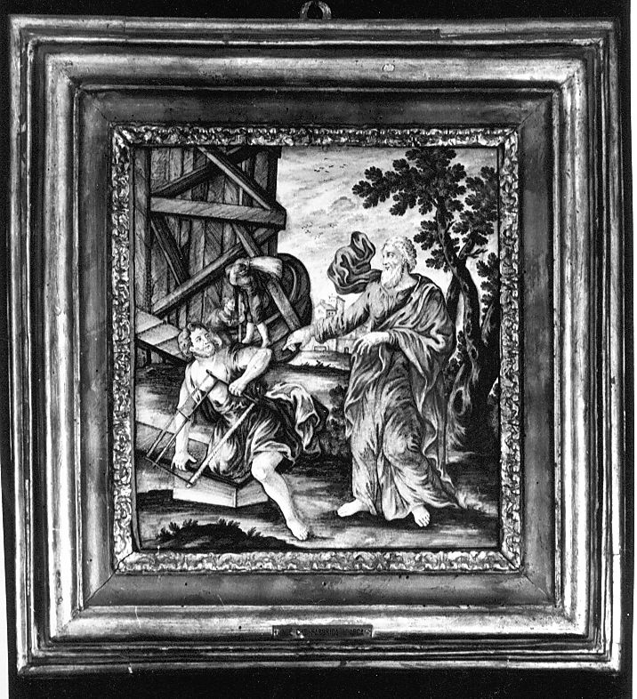 costruzione dell'arca di Noè (mattonella, elemento d'insieme) di Gentili Berardino il Giovane (attribuito) (sec. XVIII)