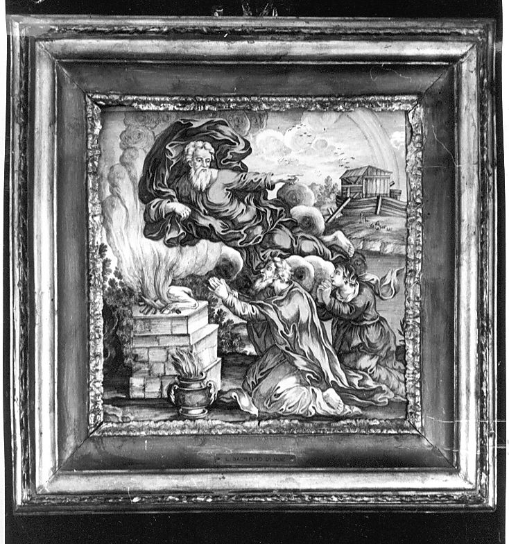 sacrificio di Noè (mattonella, elemento d'insieme) di Gentili Berardino il Giovane (attribuito) (sec. XVIII)