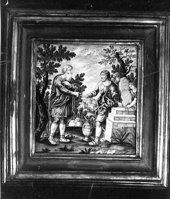 Isacco benedice Giacobbe (mattonella, elemento d'insieme) di Gentili Berardino il Giovane (attribuito) (sec. XVIII)