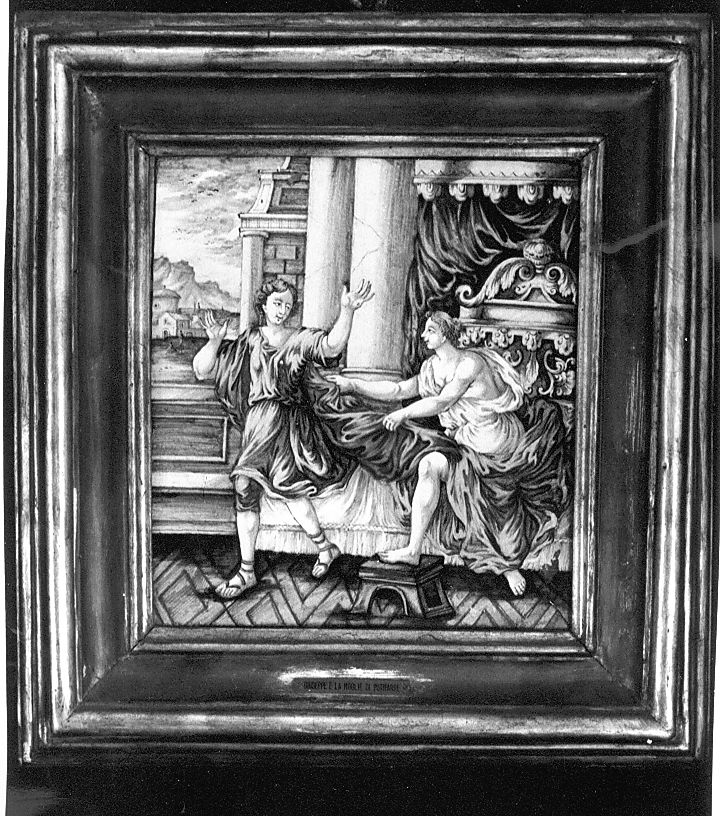 Giuseppe e la moglie di Putifarre (mattonella, elemento d'insieme) di Gentili Berardino il Giovane (attribuito) (sec. XVIII)