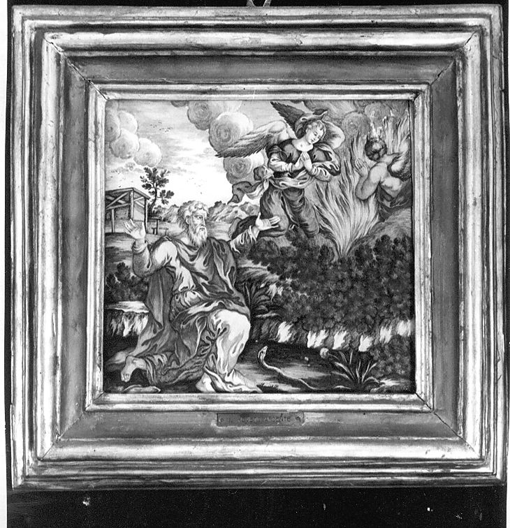 Mosè e il roveto ardente (mattonella, elemento d'insieme) di Gentili Berardino il Giovane (attribuito) (sec. XVIII)
