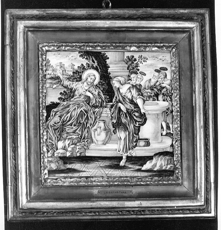 Cristo e la samaritana al pozzo (mattonella, elemento d'insieme) di Gentili Berardino il Giovane (attribuito) (sec. XVIII)