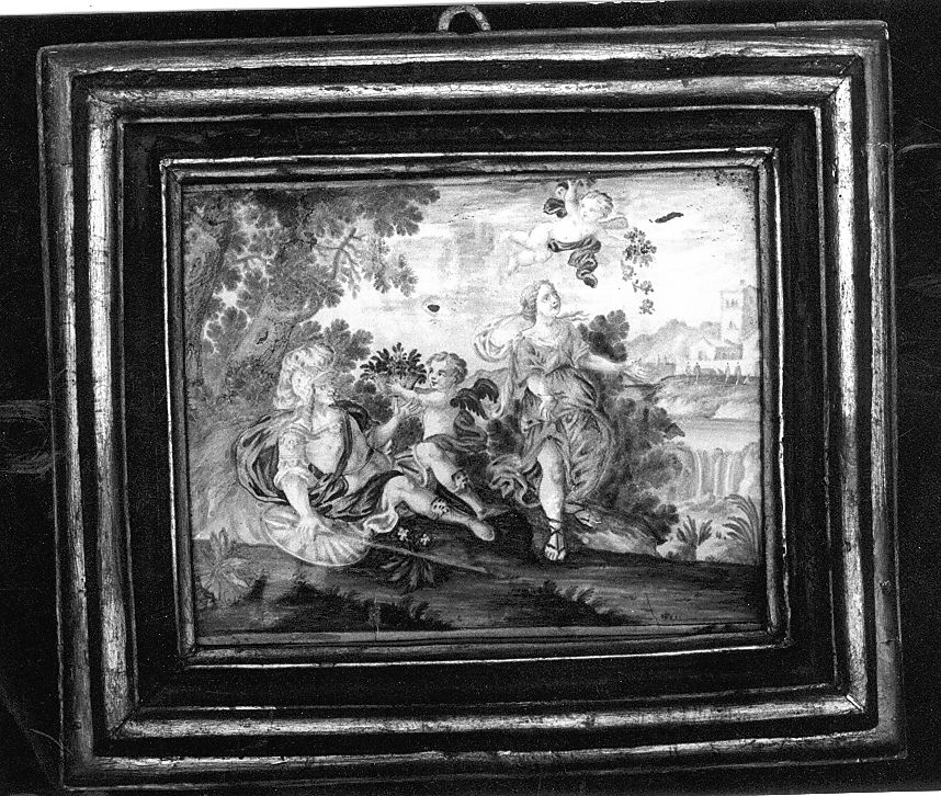 scena campestre con figure (mattonella) di Gentili Berardino il Giovane (attribuito) (fine/inizio secc. XVIII/ XIX)