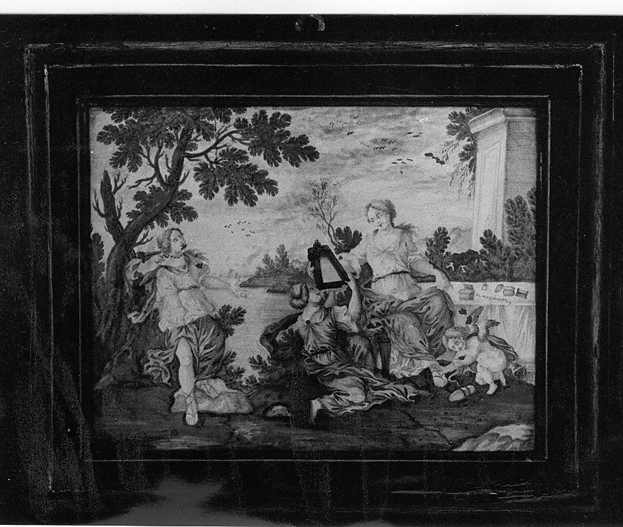 scena campestre con figure (mattonella) di Gentili Berardino il Giovane (attribuito) (fine/inizio secc. XVIII/ XIX)