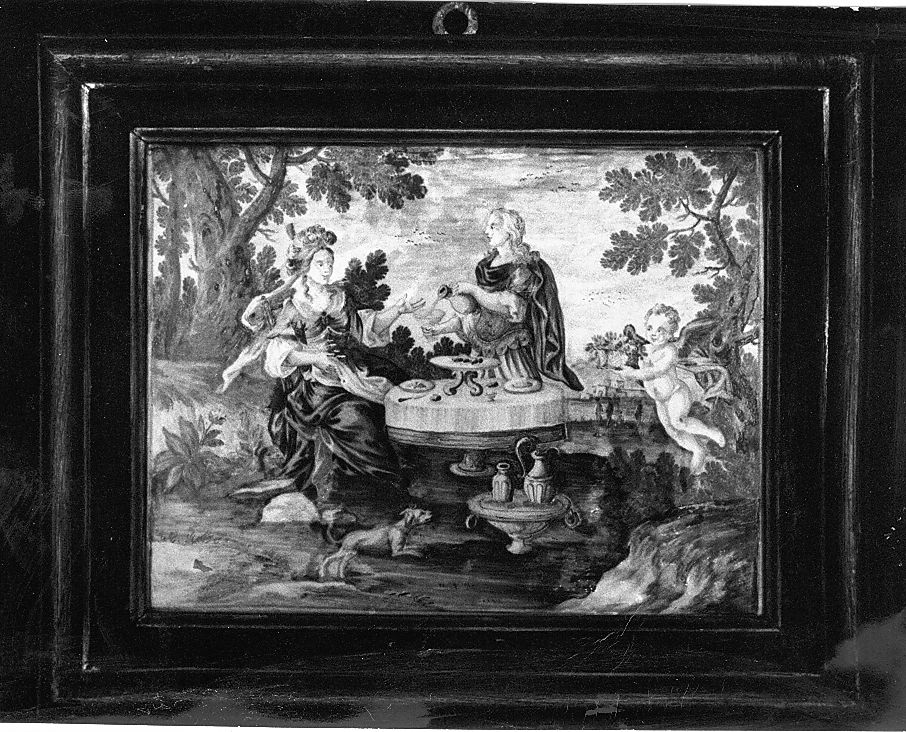 scena campestre con figure (mattonella) di Gentili Berardino il Giovane (attribuito) (sec. XVIII)