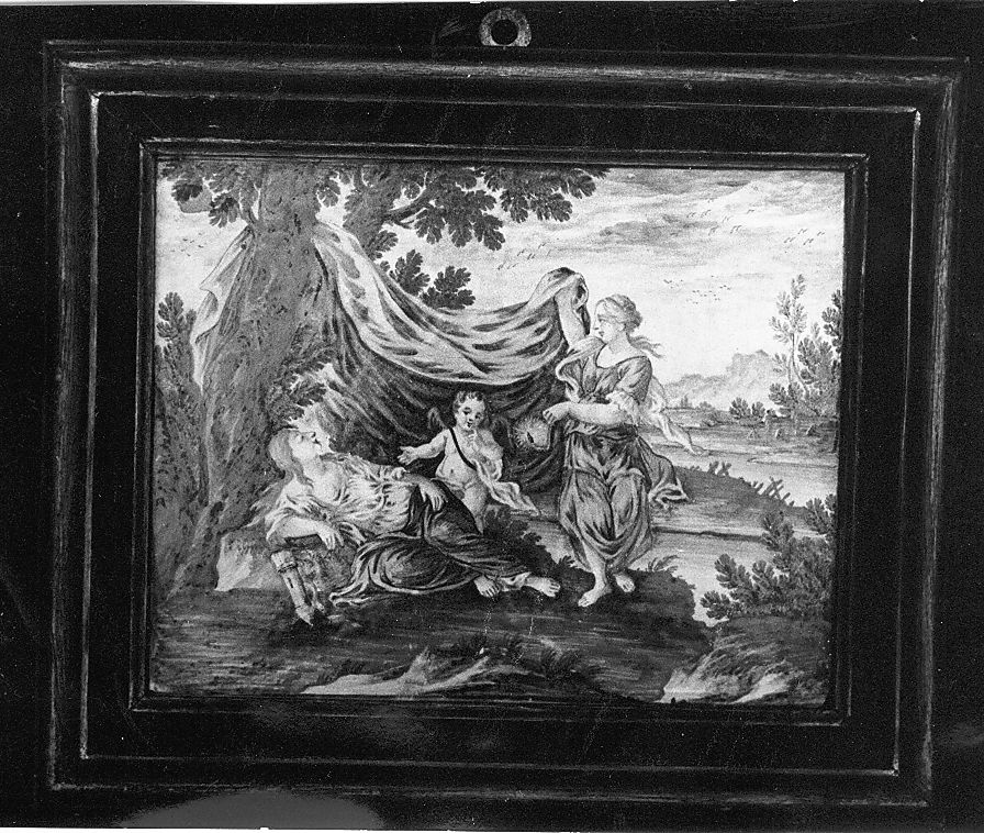 scena campestre con figure (mattonella) di Gentili Berardino il Giovane (attribuito) (fine/inizio secc. XVIII/ XIX)