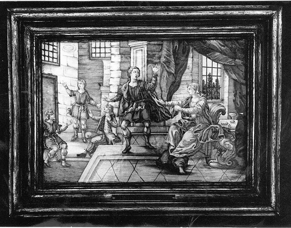 Giuseppe e la moglie di Putifarre (mattonella) di Fuina Gesualdo (attribuito) (fine/inizio secc. XVIII/ XIX)