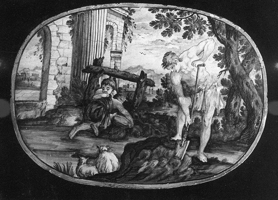 Adamo coltiva la terra mentre Eva allatta i bambini (mattonella) di Gentili Carmine (scuola) (sec. XVIII)