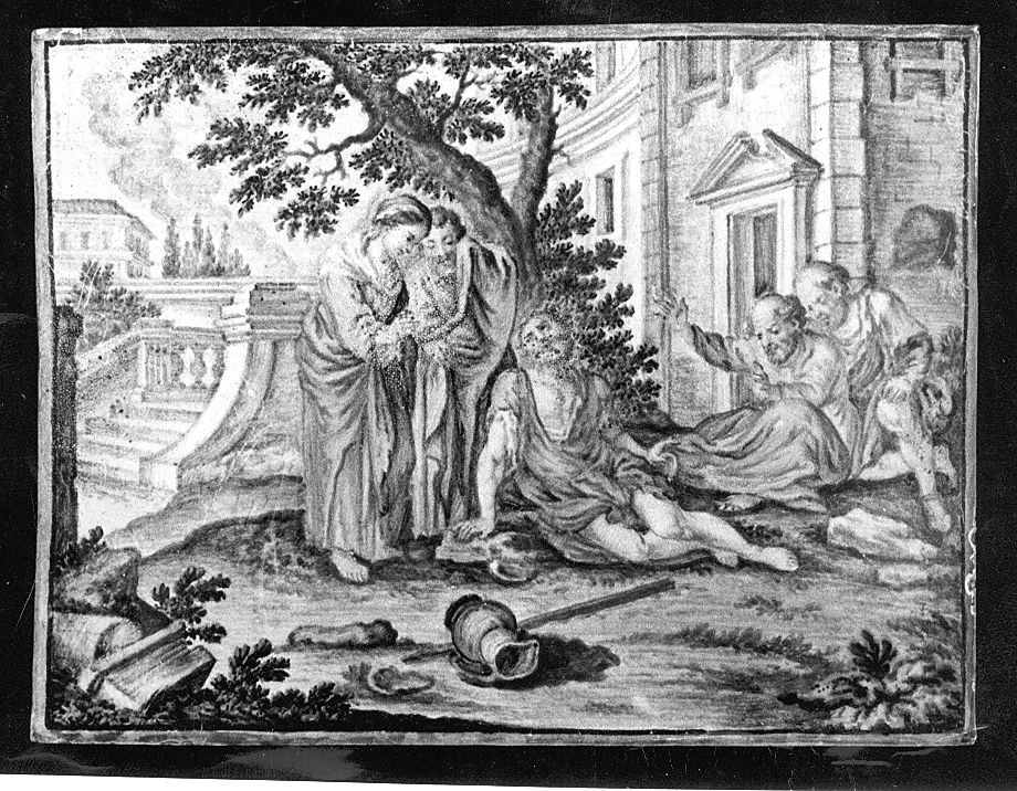 Giobbe deriso dalla moglie (mattonella) di Grue Liborio (attribuito) (sec. XVIII)