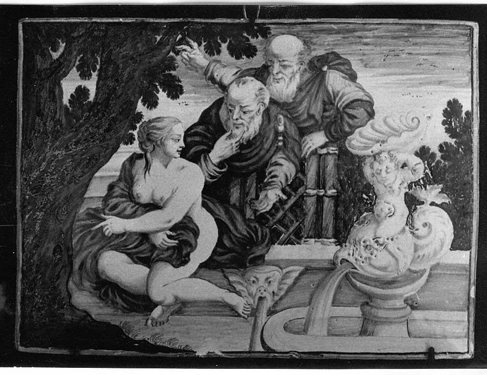 Susanna e i vecchi (mattonella) - manifattura Italia centrale (sec. XVIII)