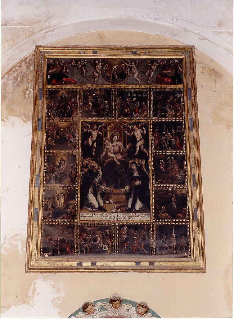 Madonna del Rosario con Santi domenicani e misteri del rosario (dipinto, opera isolata) - bottega Italia centrale (sec. XVI)