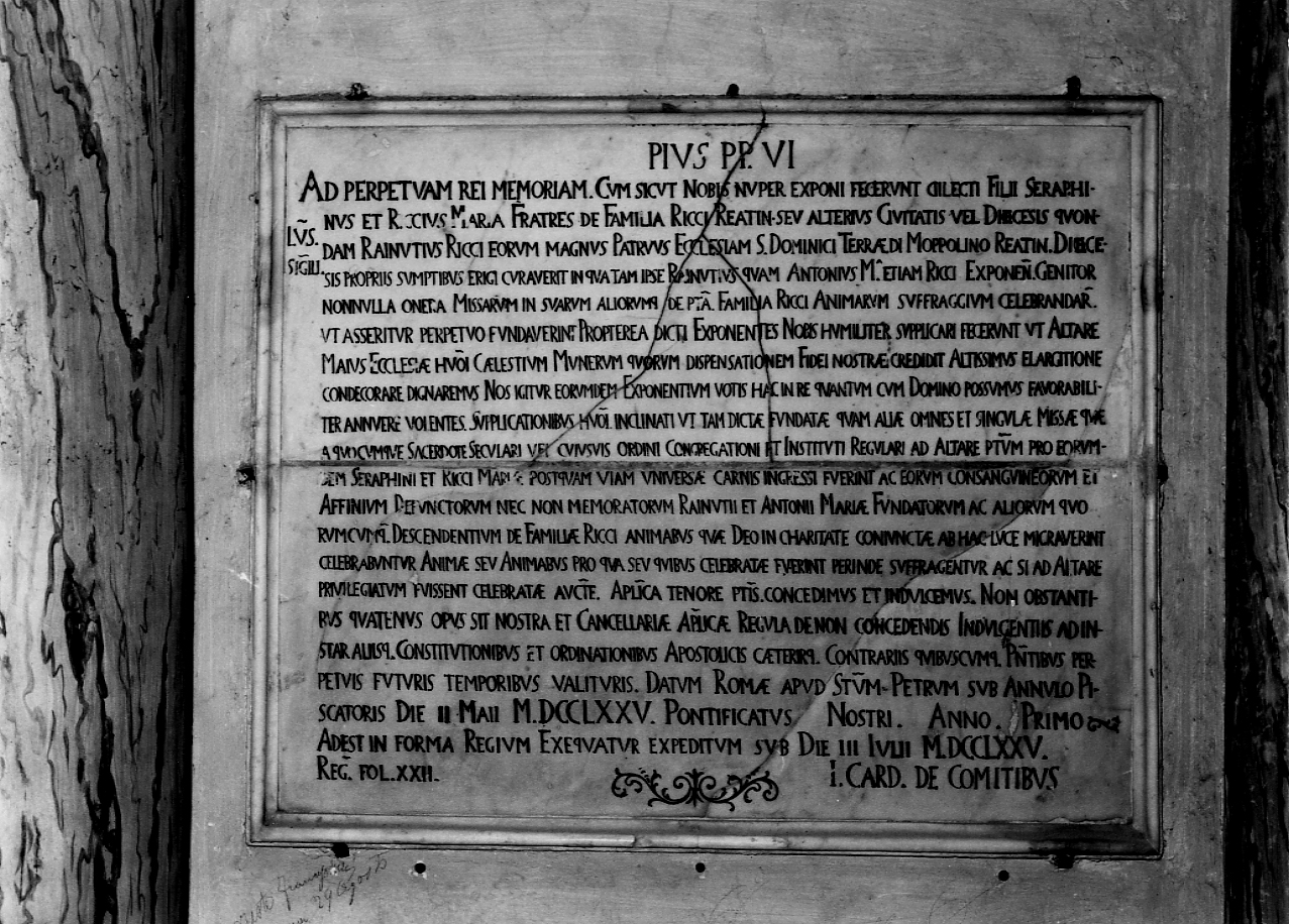 lapide documentaria, opera isolata - bottega Italia centrale (sec. XVIII)