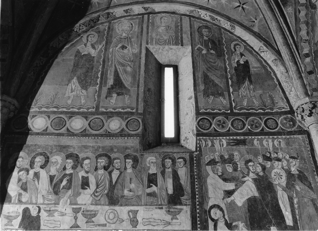 Cristo tra alcuni Apostoli, Cristo tra apostoli e Santi (dipinto, opera isolata) di Maestro della Genesi (bottega) (sec. XIII)