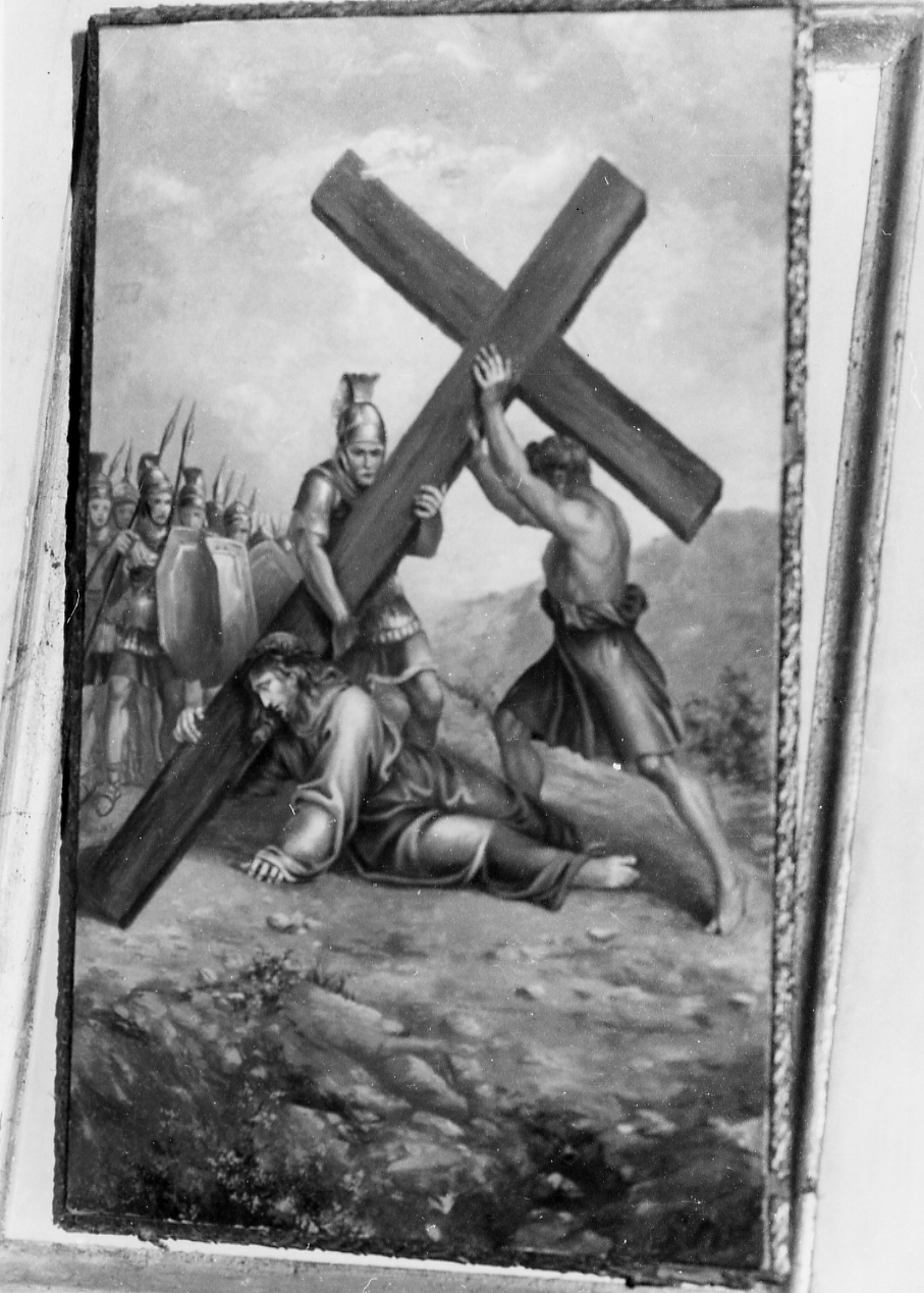 stazione IX: Gesù cade sotto la croce la terza volta, stazione IX: Gesù cade sotto la croce la terza volta (dipinto, elemento d'insieme) di Catalani Umberto (attribuito) (sec. XX)