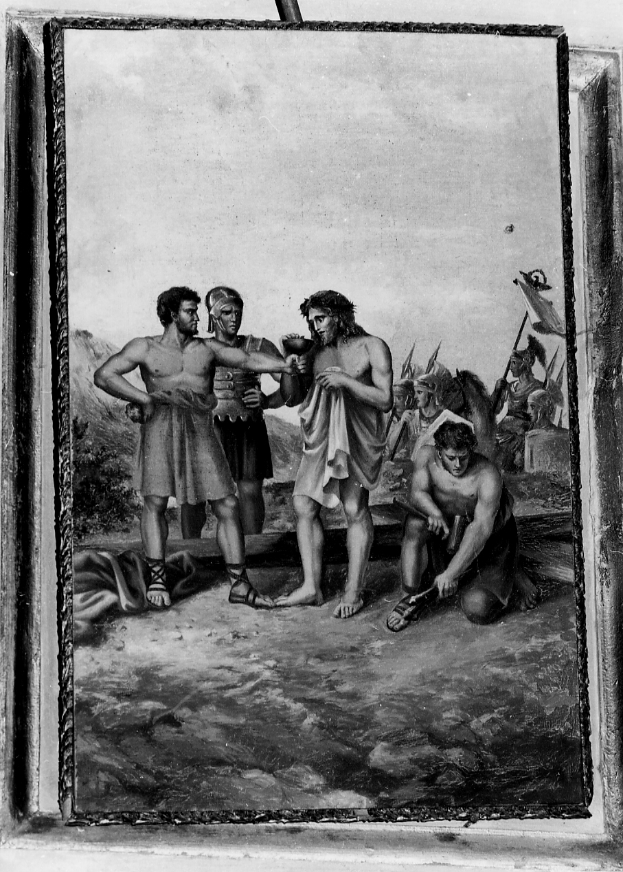 stazione X: Gesù spogliato e abbeverato di fiele, stazione X: Gesù spogliato e abbeverato di fiele (dipinto, elemento d'insieme) di Catalani Umberto (attribuito) (sec. XX)