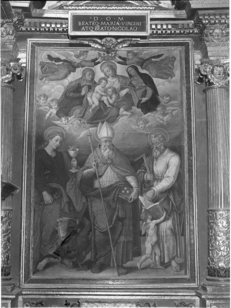 San Nicola di Bari, San Giuseppe, Madonna con Bambino, Madonna con Bambino fra angeli e cherubini con San Nicola di Bari e altri santi (dipinto, opera isolata) - ambito Italia centrale (sec. XVII)