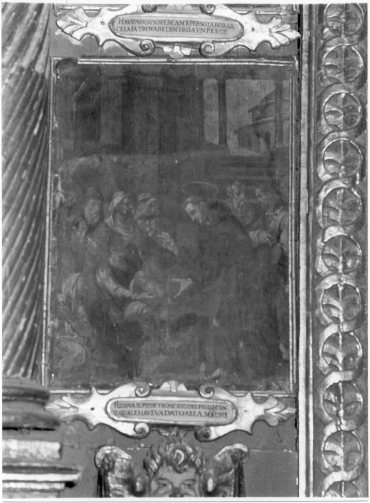 Sant'Antonio riattacca il piede ad un uomo, Sant'Antonio riattacca il piede ad un uomo (dipinto, elemento d'insieme) - ambito Italia centrale (sec. XVII)