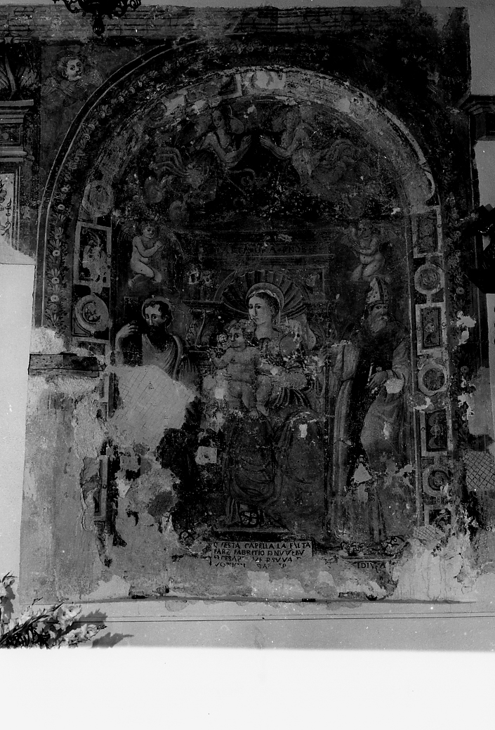 MADONNA CON BAMBINO IN TRONO CON SAN GIUSEPPE E SANTO VESCOVO (dipinto, opera isolata) - ambito Italia centrale (ultimo quarto sec. XVI)