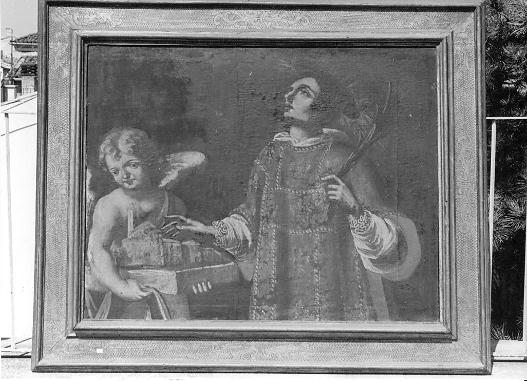 S. Massimo e Angelo, San Massimo e Angelo con modello di borgo (dipinto, opera isolata) - ambito napoletano (seconda metà sec. XVII)