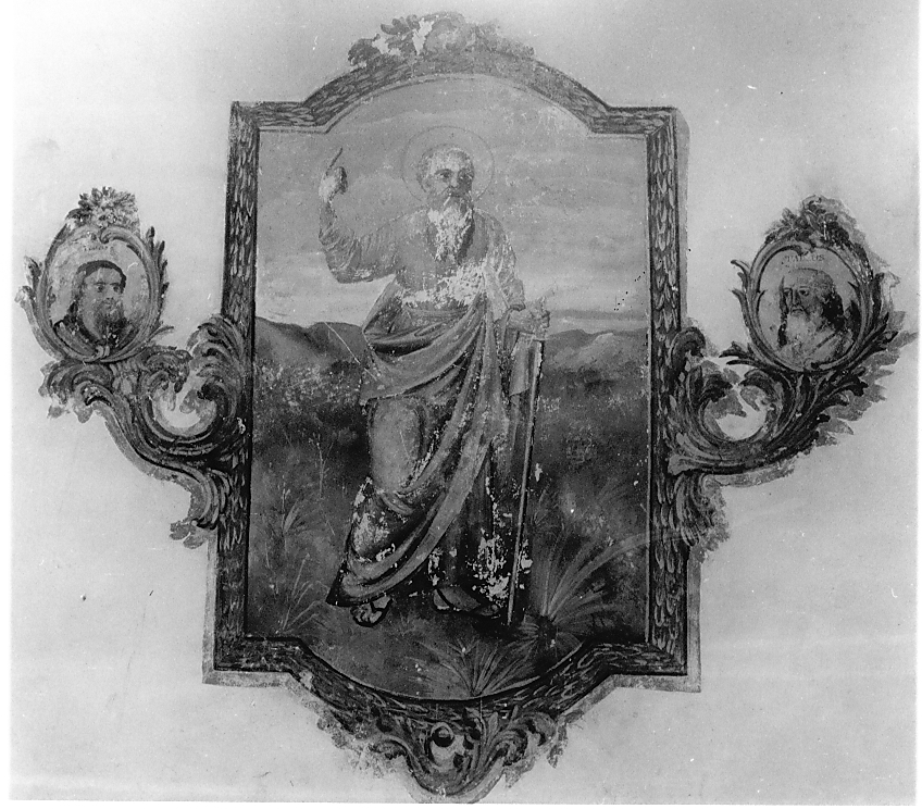 finta cornice con motivi decorativi vegetali/ medaglioni con figure San Paolo con spada, San Paolo (dipinto, ciclo) di Pizzi Pasquale (sec. XIX)