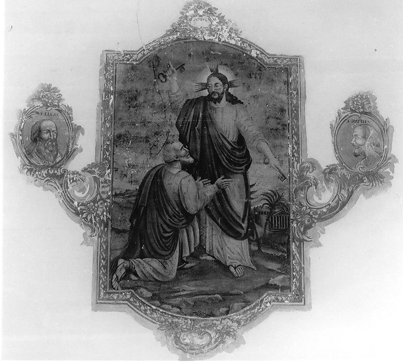 finta cornice con motivi decorativi vegetali/ medaglioni con figure/ Cristo consegna le chiavi a San Pietro, Cristo consegna le chiavi a San Pietro (dipinto, ciclo) di Pizzi Pasquale (sec. XIX)