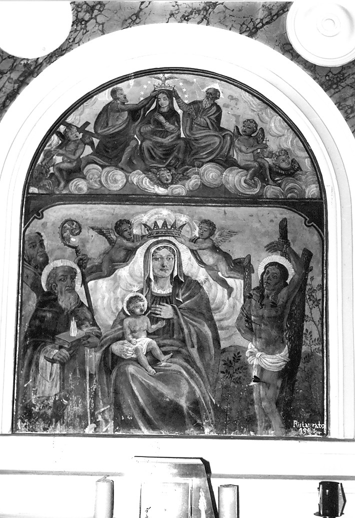 Incoronazione di Maria Vergine, Madonna con bambino e angeli reggicorona tra Sant'Antonio Abate, San Sebastiano e Santo (dipinto, opera isolata) - ambito abruzzese (sec. XIX)