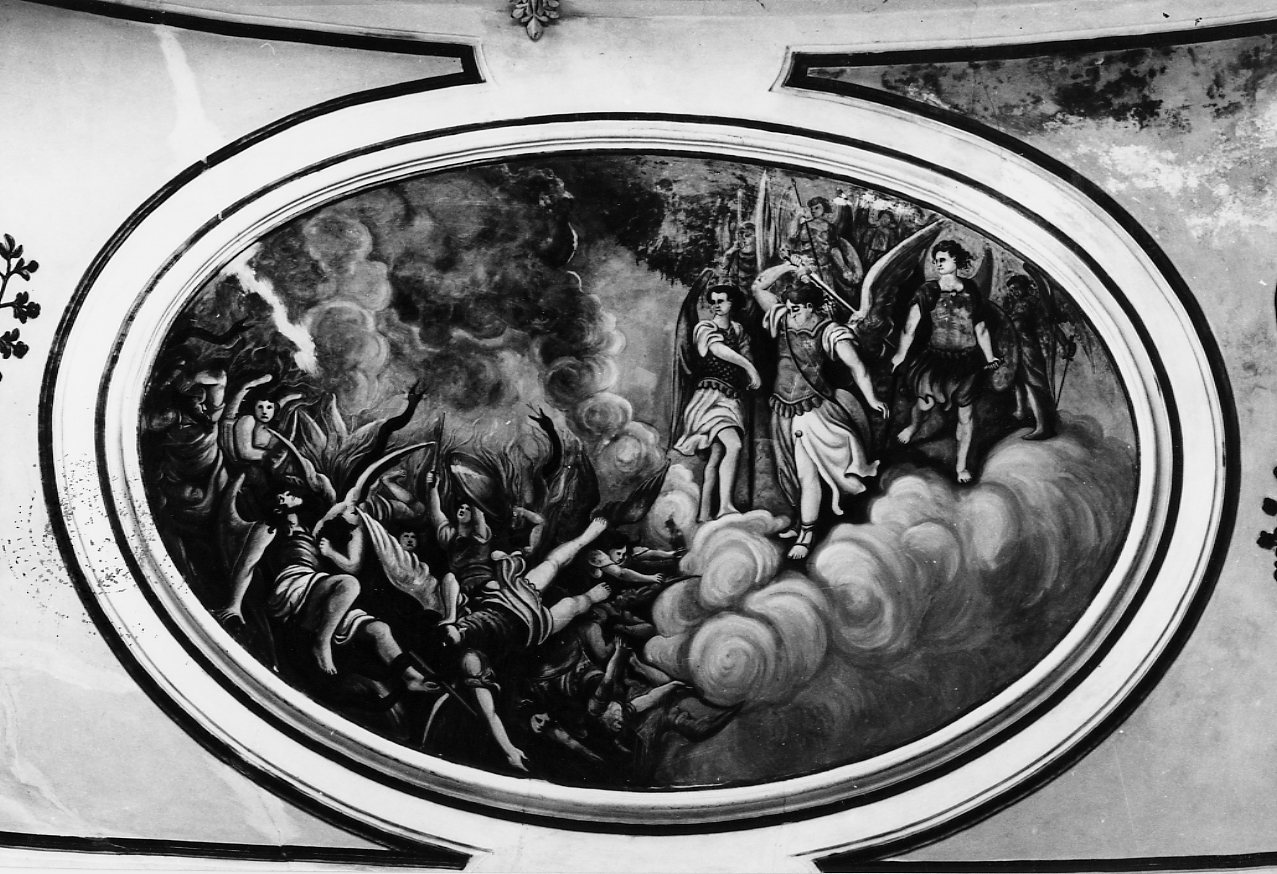 San Michele Arcangelo scaccia gli angeli ribelli dal paradiso (dipinto, opera isolata) di Napoleoni Cesare (attribuito) (sec. XX)