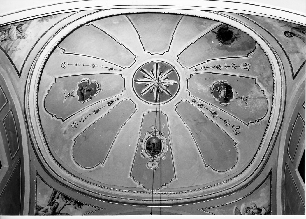cornice architettonica con motivi decorativi geometrici, festoni floreali, simboli di Cristo (decorazione plastico-pittorica, opera isolata) - ambito Italia centrale (sec. XIX)
