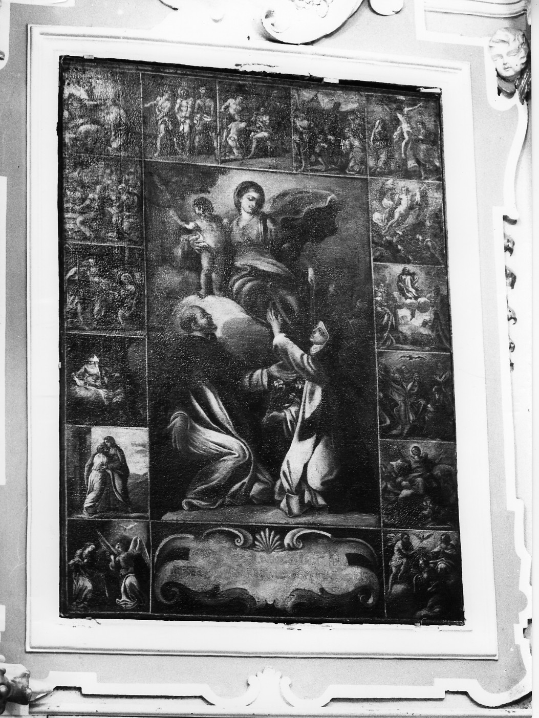 Madonna del Rosario con San Domenico, Santa Caterina da Siena e misteri del rosario (dipinto, opera isolata) di Gizzonio Domenico (sec. XVIII)