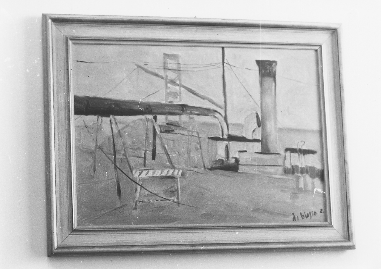 Pescara sul fiume, marina con navi e portocanale (dipinto) di Di Blasio Elio (attribuito) (sec. XX)